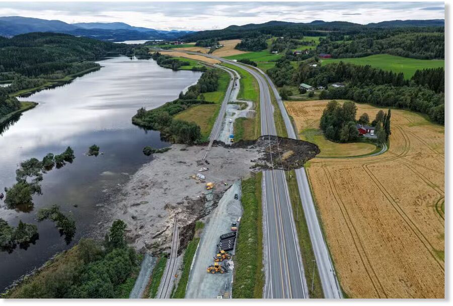 Click to enlarge A landslide crossed the E6 road near Levanger, Norway, Saturday, Aug. 30, 2025.