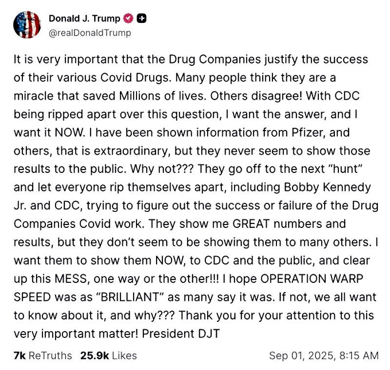 trump truth social pfizer demand answers jab tweet