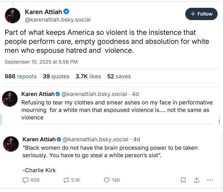 Click to enlarge Karen Attiah fired social media kirk assassinaton