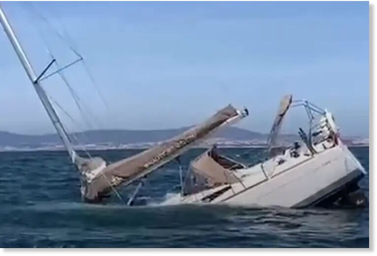 A yacht sinking after being rammed by orcas (Image video still from Terra Incógnita @oceaniclounge/Instagram)