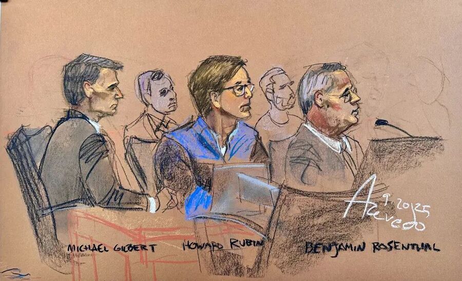 Click to enlarge Illustration of Michael Gilbert, Howard Rubin, and Benjamin Rosenthal in a courtroom.