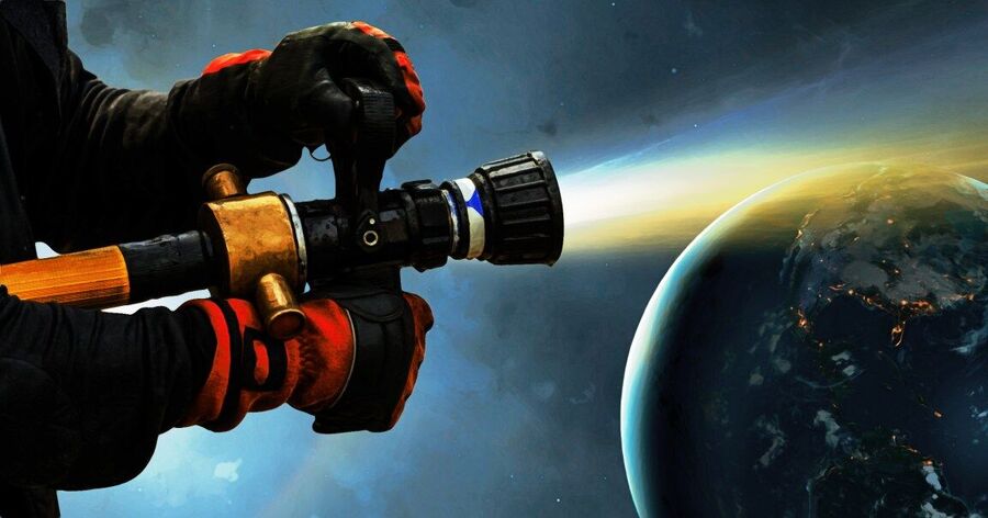 Fire hose spraying Earth