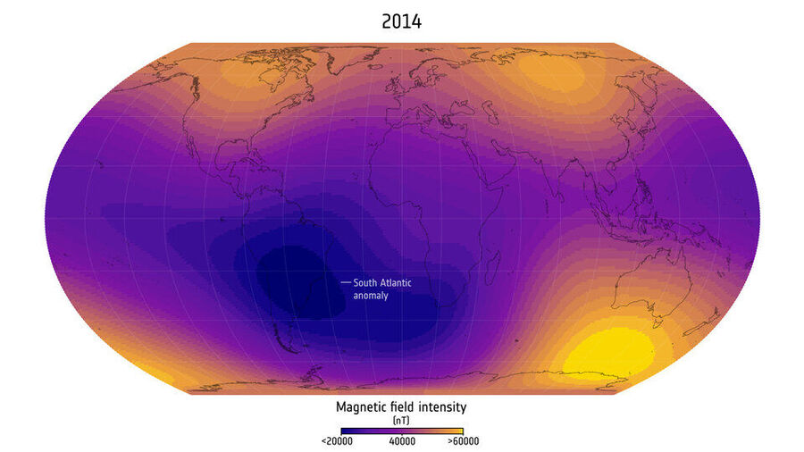 Click to enlarge South Atlantic Anomaly 2025 compared to 2014