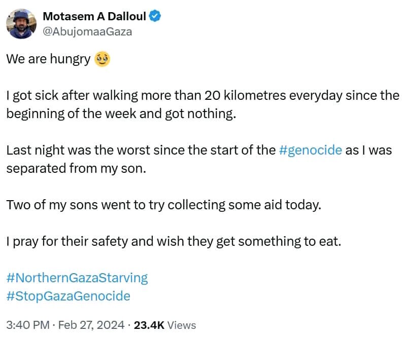 Click to enlarge tweet motasem a dalloul journalist gaza lost family