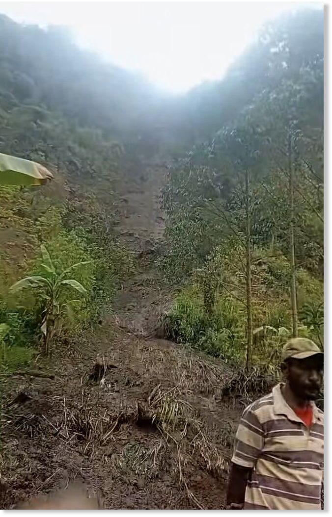 Click to enlarge The aftermath of the 25 October 2025 landslide at Kukas in PNG. The aftermath of the 25 October 2025 landslide at Kukas in PNG. Still from a video posted to Facebook by Ben Mcpitu.