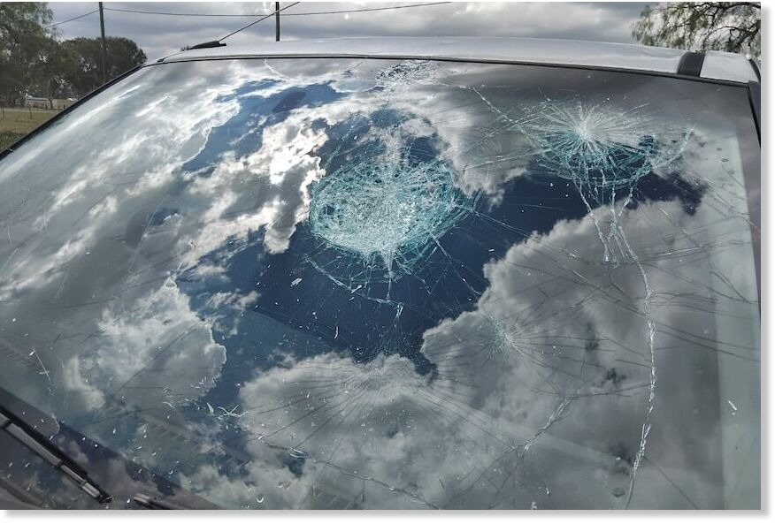 The giant hail caused damage to windscreens in Pratten. (