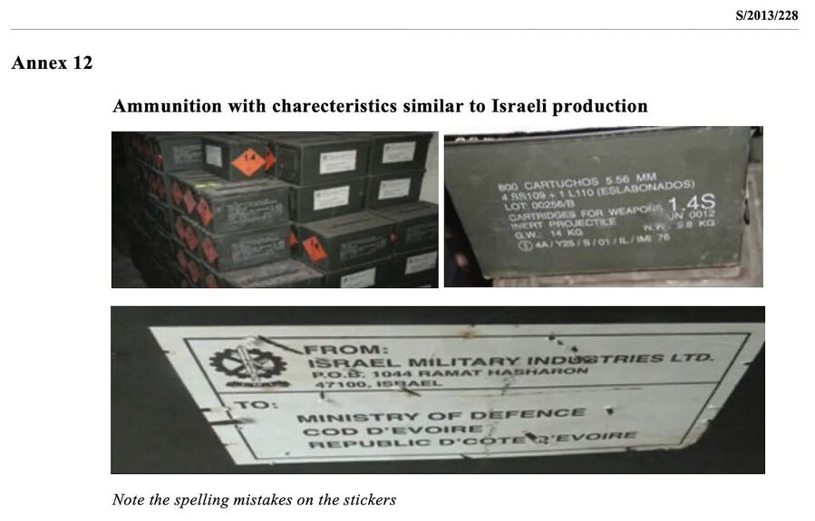 Click to enlarge UN Group of Experts Report, suspected Israeli ammunition crates with Spanish markings