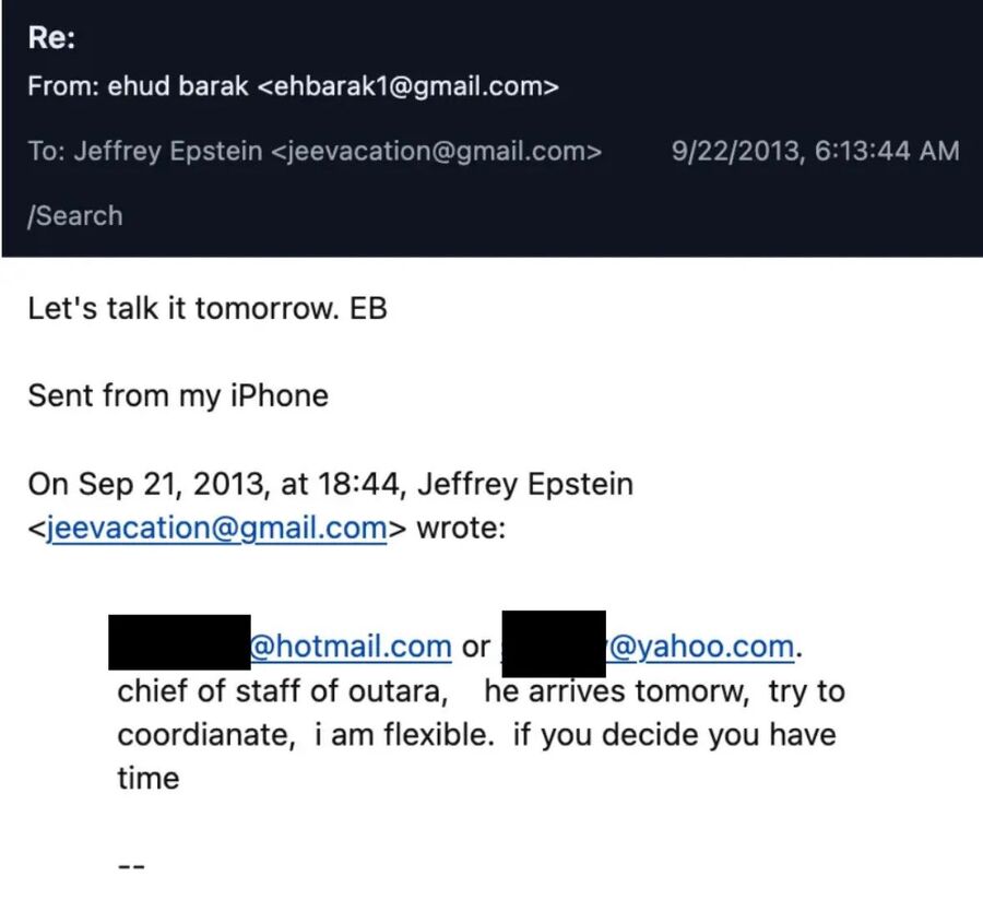 Click to enlarge Emails between Epstein to Barak, September 21 and 22, 2013.