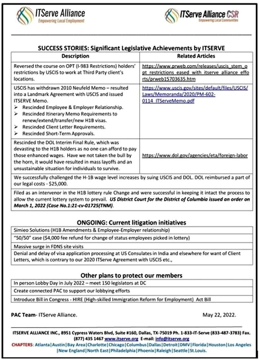 Click to enlarge ITServe lobby foreign workers pipeline lawsuits PAC
