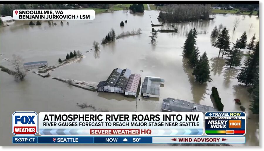 Click to enlarge Drone footage captured major river flooding near Fall City, Washington stemming from the Snoqualmie River, located just east of Seattle, showcasing residences and farms inundated by major river flooding.