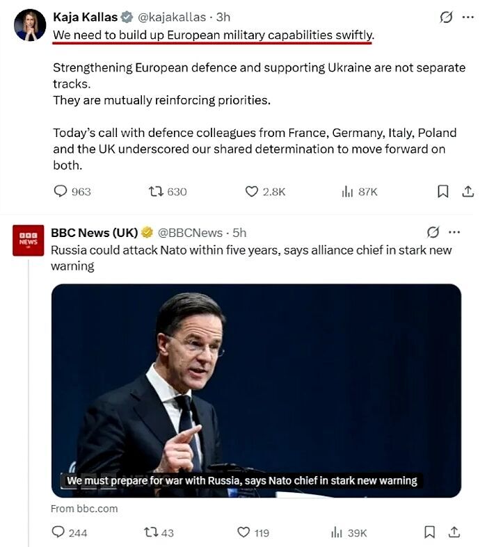 kallas tweet prepare for war Russia