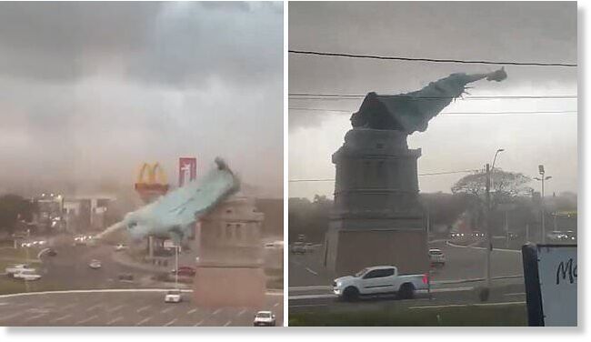 The ‘symbolic’ moment the Statue of Liberty replica was knocked down