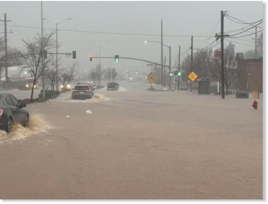 Heavy rainfall caused roads to flood in Redding, California, on Sunday.