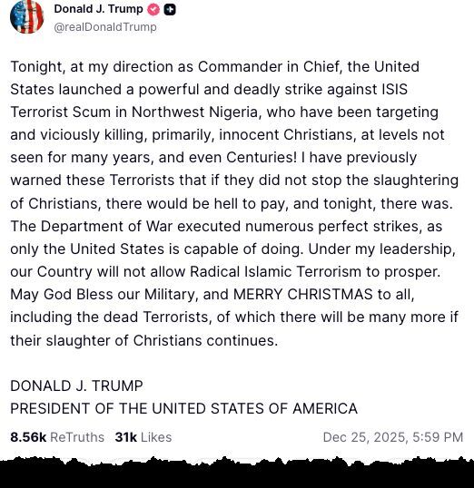 Click to enlarge Trump truth socail post on Nigeria