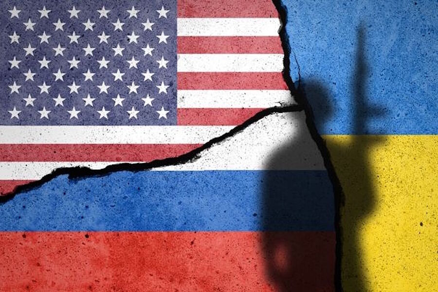 graphic russia us ukraine flag soldier shadow war