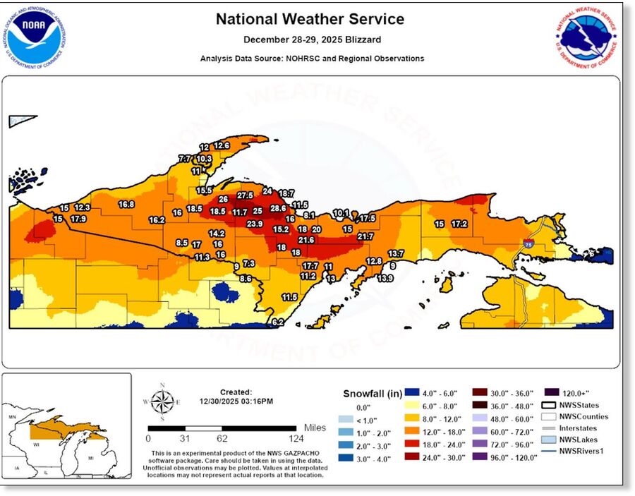 Some areas in the northern tier of the Upper Peninsula saw close to 30 feet of snow between Sunday and Monday.Graphic provided by the National Weather Service