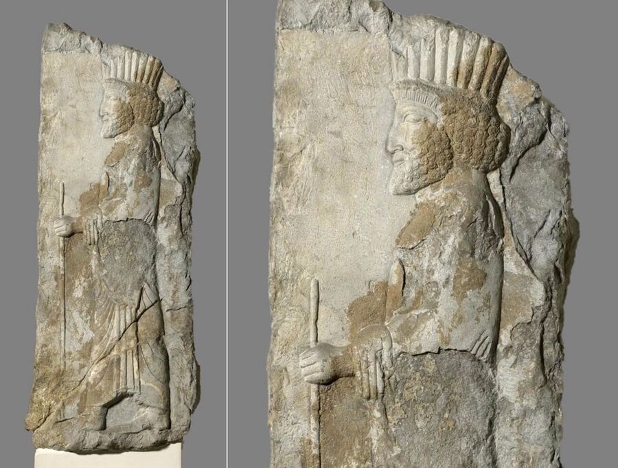 Fragment of a limestone corner block Persian King (most likely Darius I)