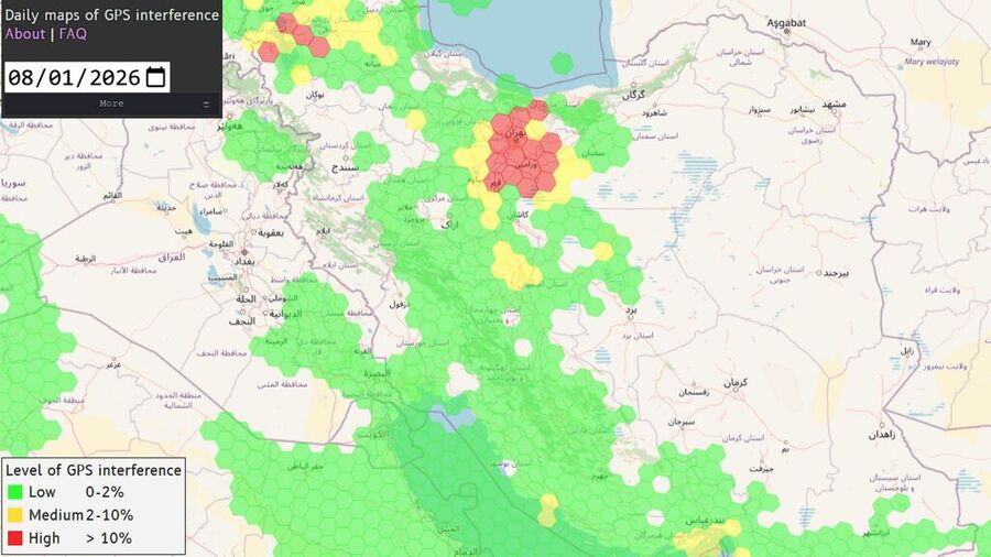 Click to enlarge map gps interference starlink jamming iran