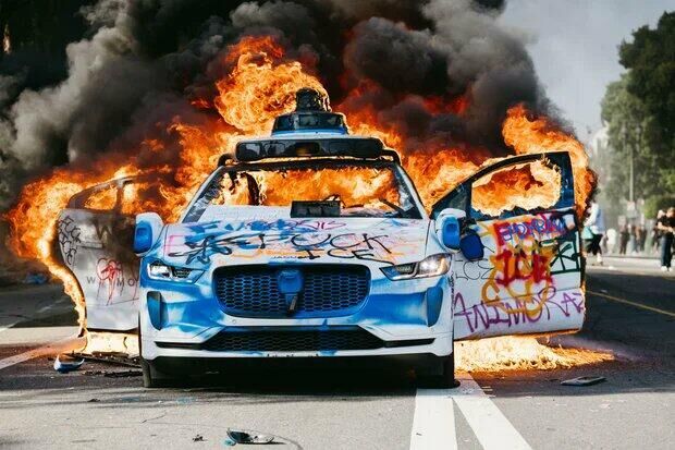 Click to enlarge burning waymo car