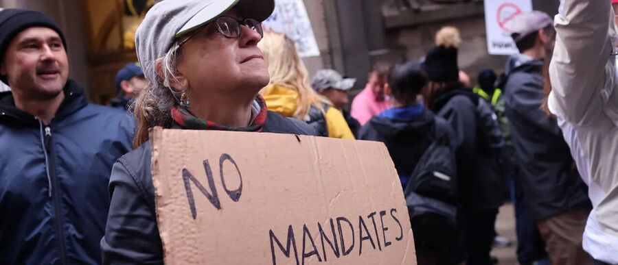 Click to enlarge workers and their supporters protest at city hall the mayor’s vaccination mandate for city employees on October 25, 2021