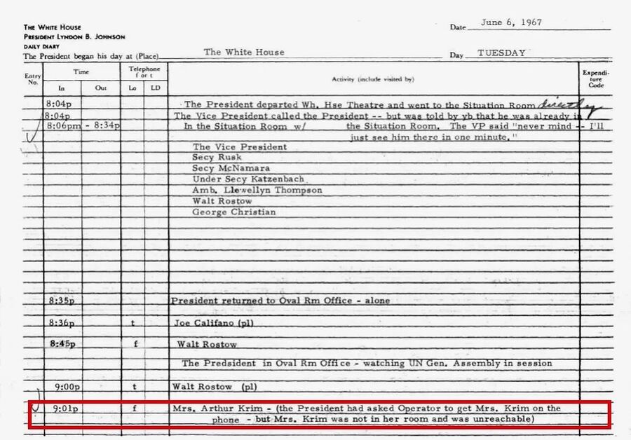Click to enlarge johnson diary krim uss liberty attack israel memo