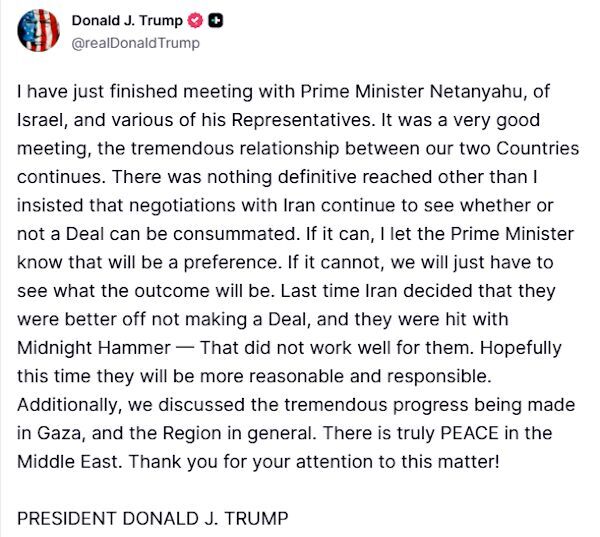 Click to enlarge trump truth social post netanyahu war iran diplomacy