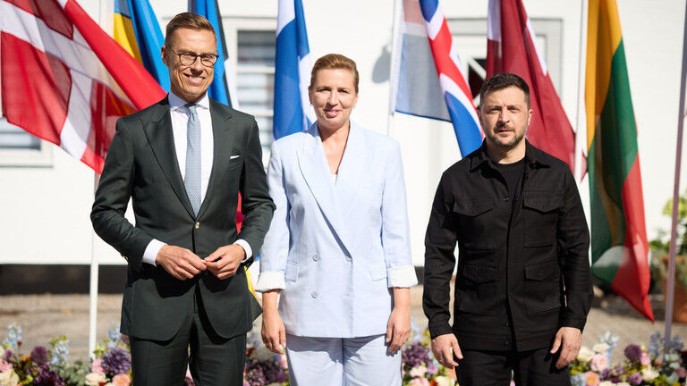 Finnish President Alexander Stubb, Danish Prime Minister Mette Frederiksen, and Ukraine's Vladimir Zelensky.