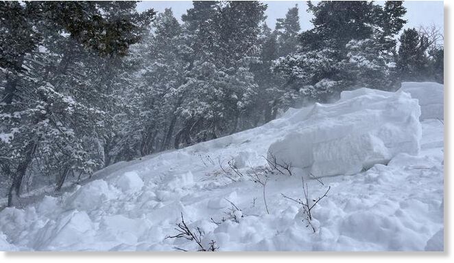 The aftermath of an avalanche following a late-season winter storm on Feb. 18, 2026.