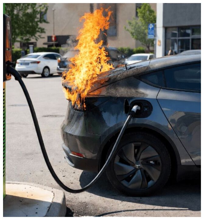 Electric car on fire at a charging station