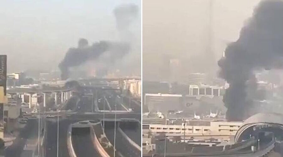 Explosions at Dubai International Airport following Iranian strike.