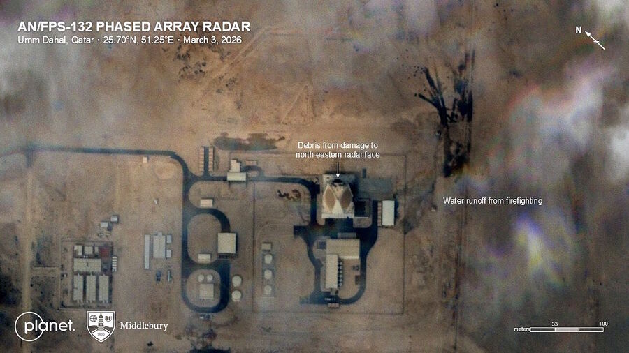 Click to enlarge damage to the U.S. Space Force’s AN/FPS-132 radar qatar