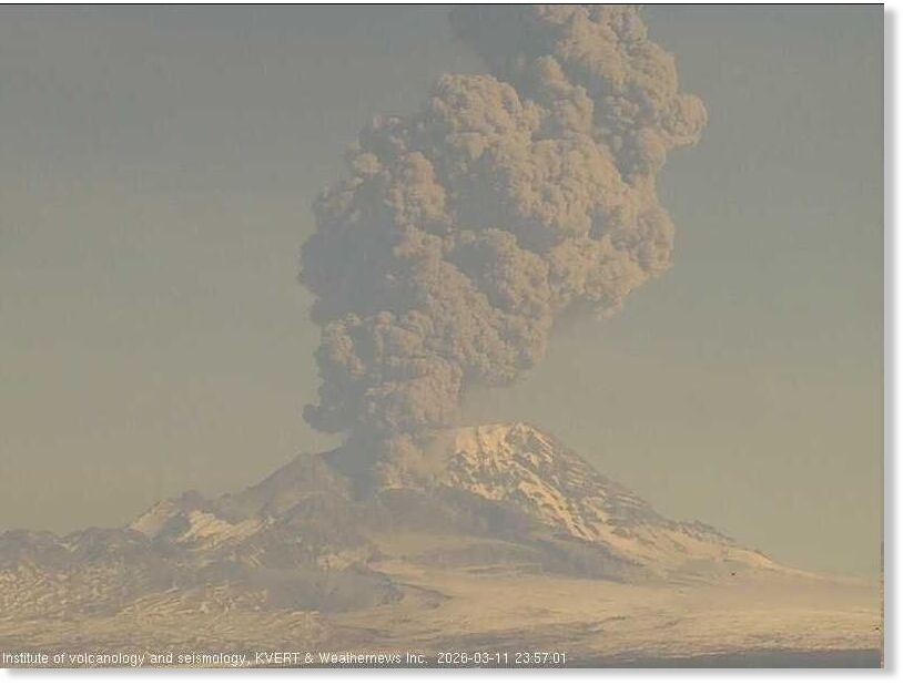 A towering pillar of gas and ash ingested air and other ejecta rising from Shiveluch's crater