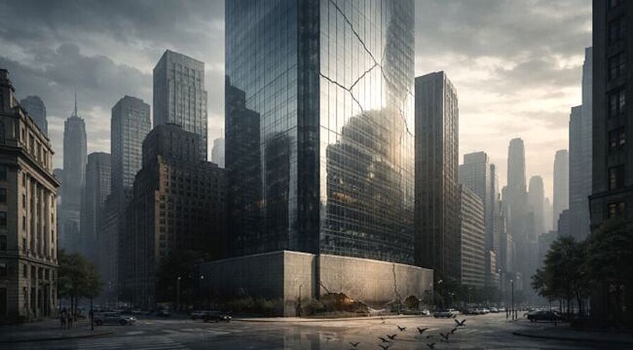 wall street crash bank building cracked graphic financial crisis
