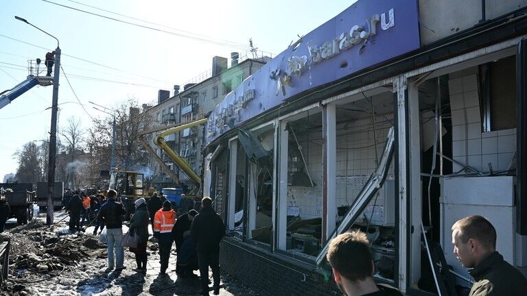 Shopping stands damaged in the strike on Bryansk, Russia.