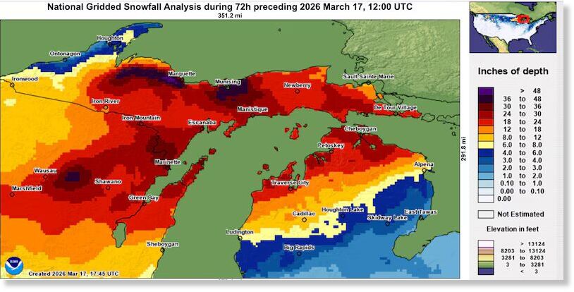 Snowstorm totals from the March 14 to March 17 blizzard.NOAA