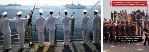 Click to enlarge Left, the sea review from the deck of an Australian frigate; right, the Iranian march past.