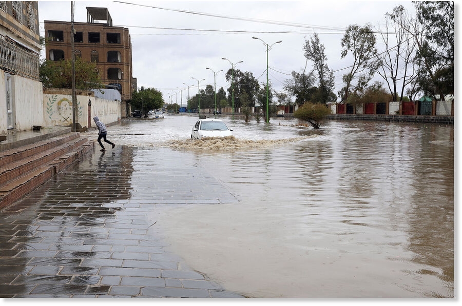 A flooded street following heavy rainfall in Sana'a, capital of Yemen, March 27, 2026.