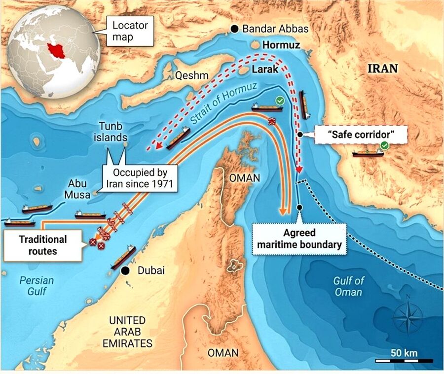 Click to enlarge iran hormuz larak island oil corridor map
