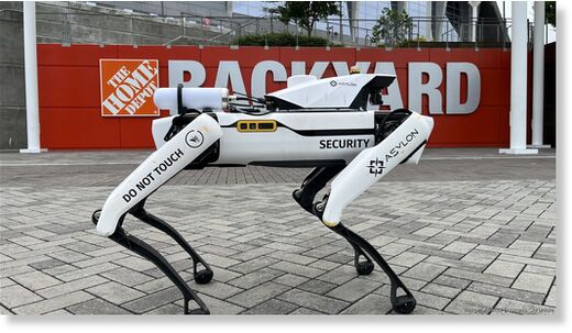 Benzie, a robot dog, patrols the outside of Mercedes-Benz Stadium.