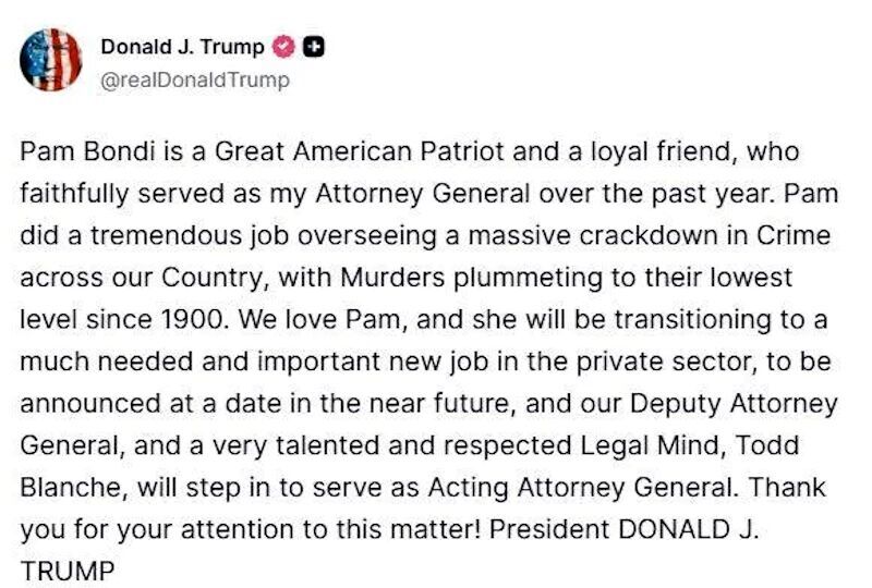 Click to enlarge trump truth social pam bondi ag fired