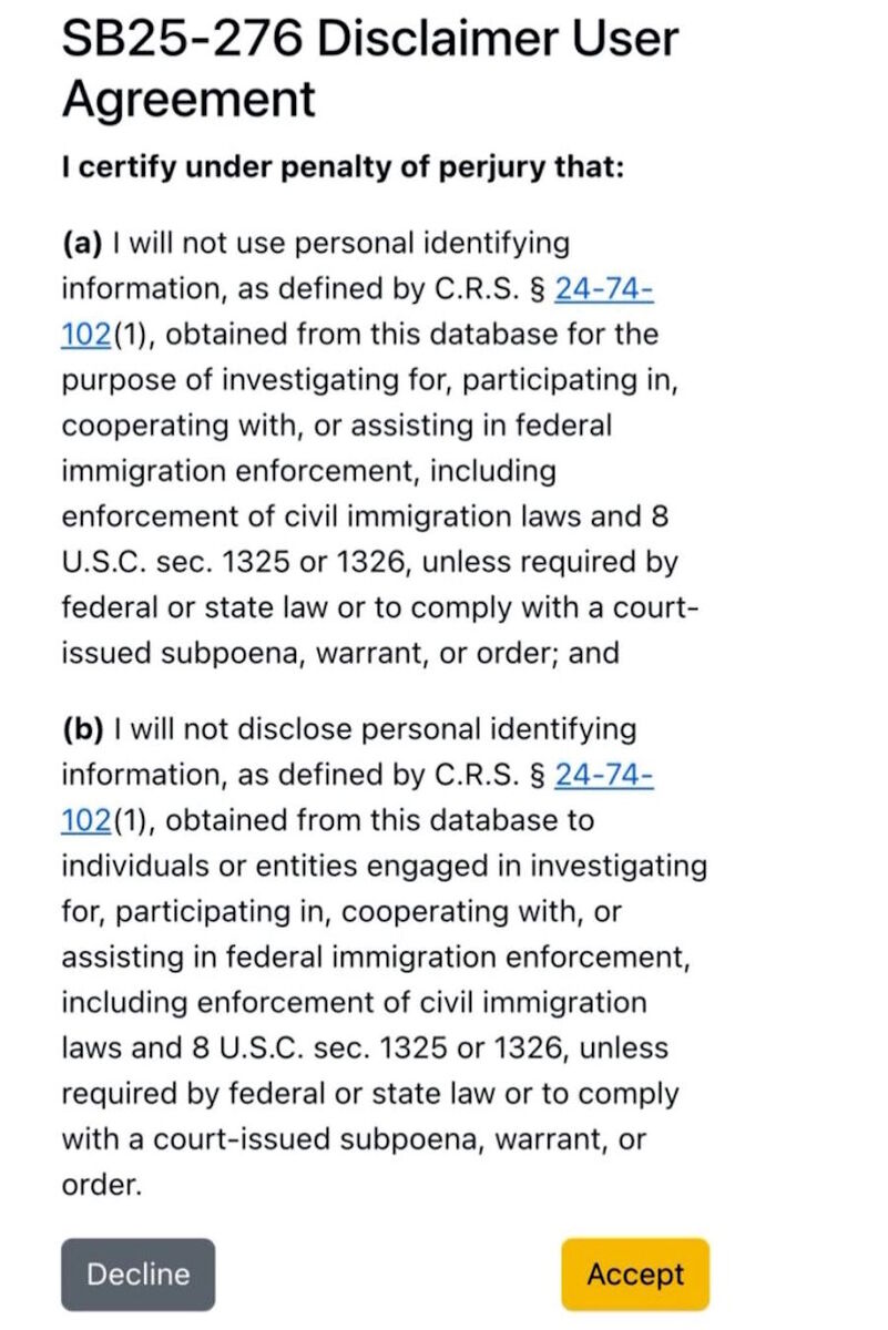 Click to enlarge colorado lawyer swear not assist ice access database