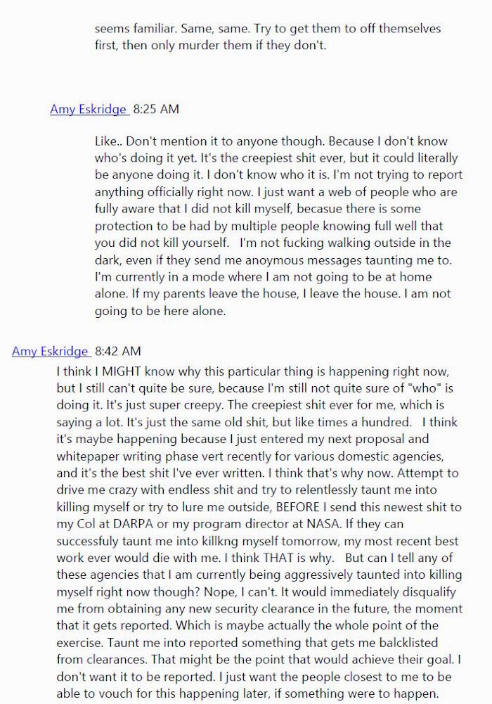 amy eskridge messages scientist dead