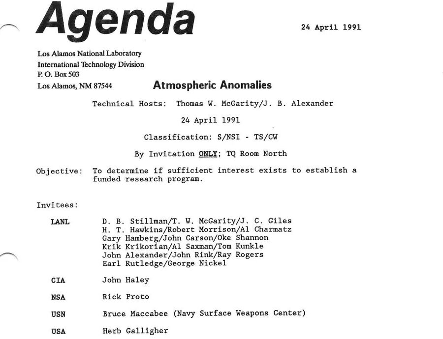 Click to enlarge A document supposedly from Los Alamos National Laboratory shows the agenda for a meeting from 1991.