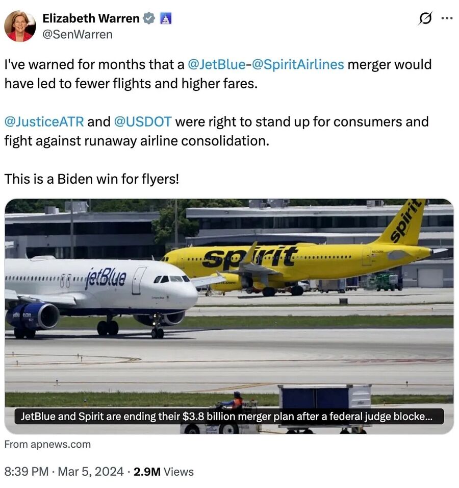 Click to enlarge warren tweet block jetblue spirit merger