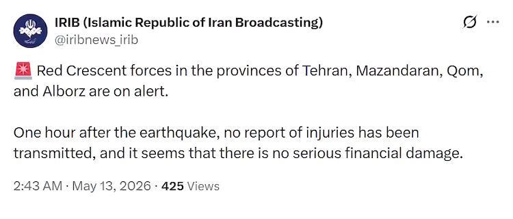 tweet iran earthquake may 2026