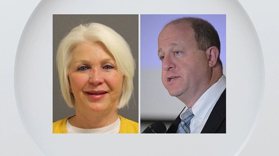 Tina Peters, left, Colorado Gov. Jared Polis