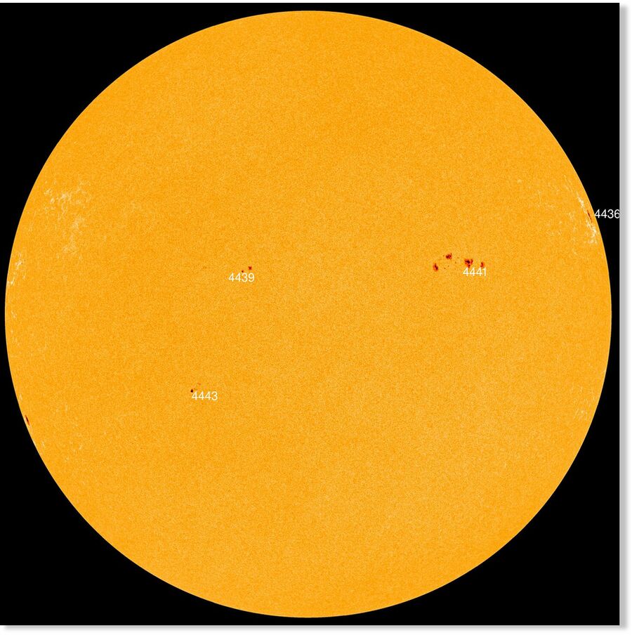 Today’s sunspots are quiet and pose little threat. [NASA/SDO]