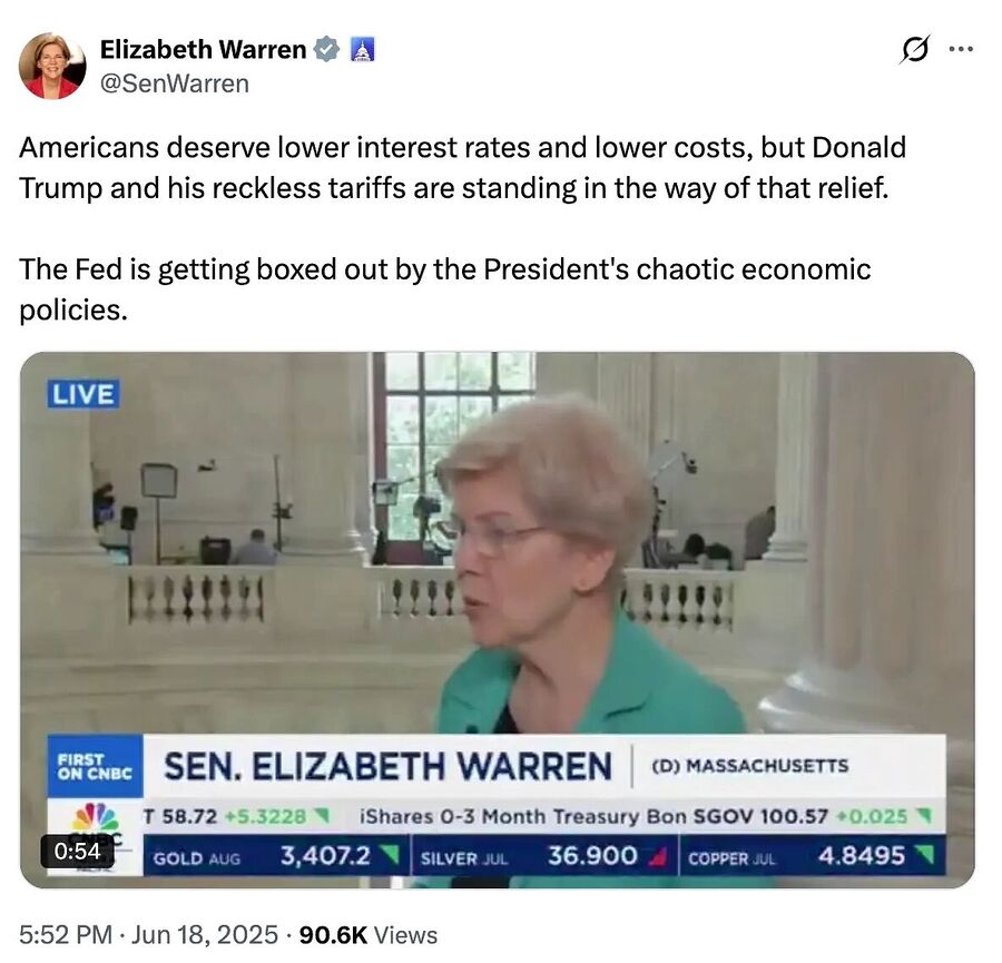 elizabeth warren monetary policy interest rates tweet