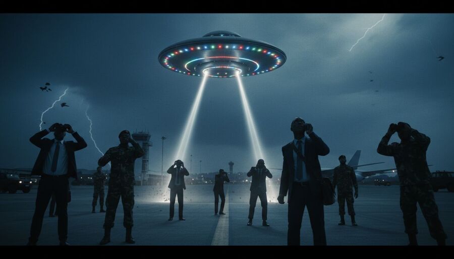 Click to enlarge AI photo of ufo over airport