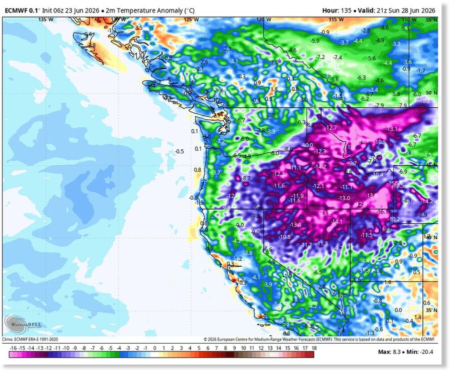 ECMWF western U.S. cold anomaly map.